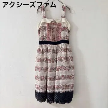 엑시즈팜 포에틱 아이보리 장미 무늬 네이비 컬러 도트 원피스