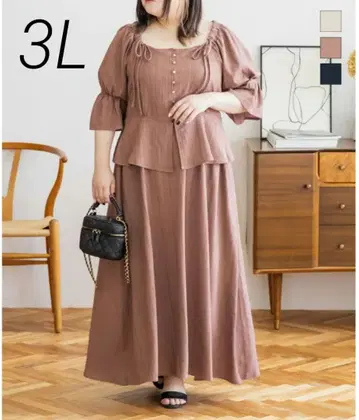 CLETTE 오리지널 리본 블라우스&스커트 셋업 핑크모카 3L