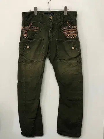 00s 구제 의류 네이티브 무늬 절개 더블 허리 기믹 바나나 레그 팬츠