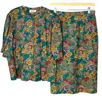 레트로 빈티지 꽃무늬 셋업 LL 그린 일본제 반팔 골드 버튼 올 패턴