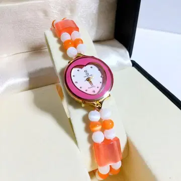 Senlon 쿼츠 하트 쿼츠 손목시계 비즈 팔찌 핑크