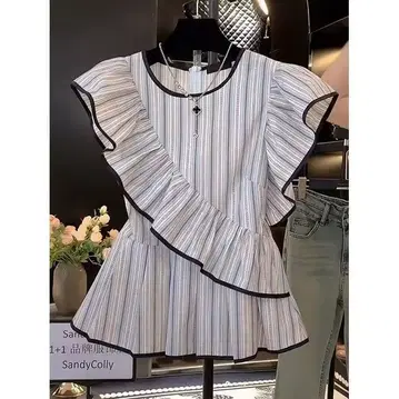 스트라이프 프릴 반팔 블라우스