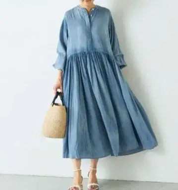 BEARDSLEY 비어즐리 쉬폰 데님 개더 원피스