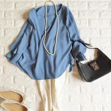 아나이 ANAYI 미광택 소매 프릴 슬리브 더블 크로스 블라우스 블루