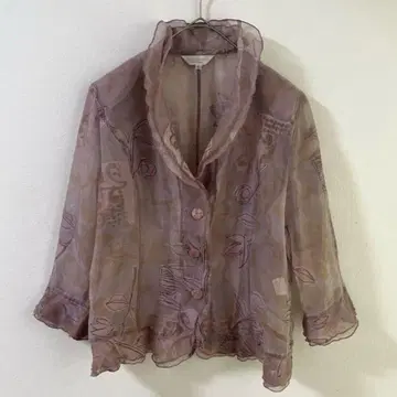 5267 레트로 시어 블라우스 자켓 프릴 꽃무늬 핑크 어깨 패드