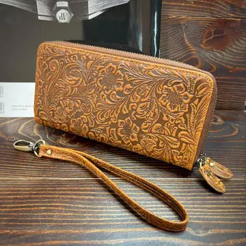 F0 천연 가죽 [카빙] 소가죽 지갑 남성용 더블 라운드 지퍼 브라운