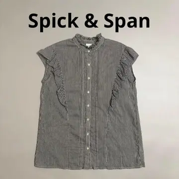 스픽앤스팬 슬리브리스 코튼 실크 핀턱 프릴 블라우스 스트라이프