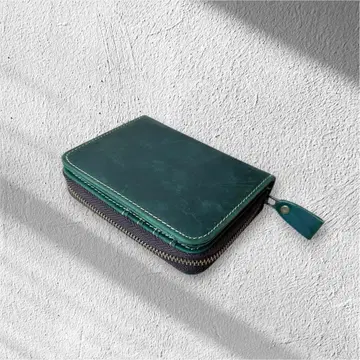 천연 가죽 남성용 컴팩트 지갑 이단 접이식 라운드 지퍼 동전 지갑 그린