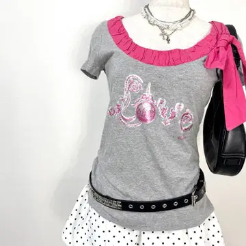 y2k LOVE MOSCHINO 리본 넥 로고 T셔츠