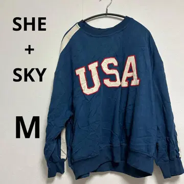 시 스카이 맨투맨 크루넥 긴팔 사이드 라인 USA L 네이비 면