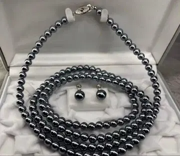 그레이 실버 롱 펄 목걸이 귀찌 세트 길이 약 118cm