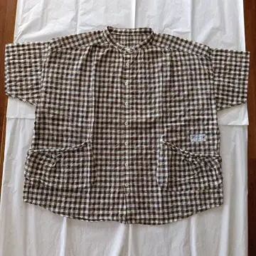 카이세이도 요철 깅엄 체크 반팔 스탠드 등 턱 셔츠 초콜릿