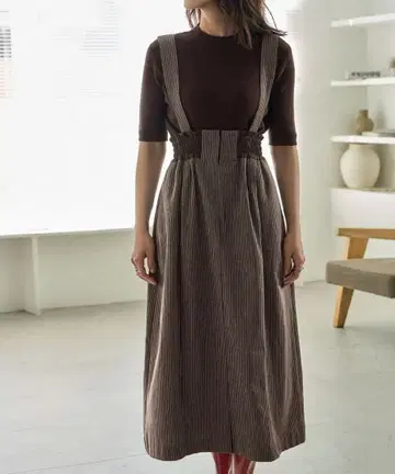 STYLE DELI 택 포함 스트라이프 원단 서스펜더 스커트