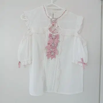 양산형 히메 스타일 지뢰계 프릴 리본 오픈 숄더 블라우스 ~ L