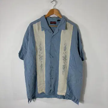 빈티지 상품 레어/90s/Viva Tropical/반팔 셔츠/파란색 자수
