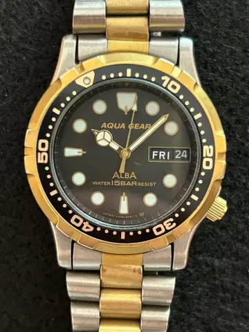 ALBA AQUA GEAR 아날로그 손목시계 골드 실버 작동품 다이버