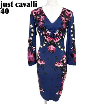 저스트 카발리 긴팔 원피스 타이트 40 네이비 핑크 꽃무늬