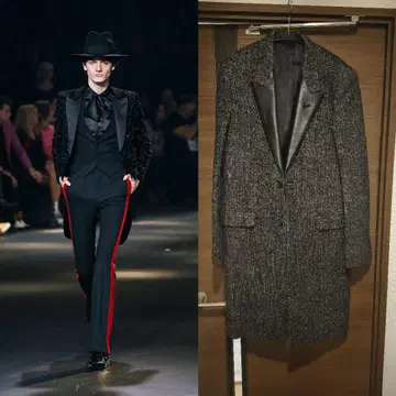 dude9 가죽 라펠 체스터 코트 트위드 에디기