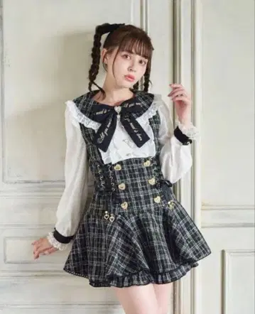 LIZLISA 메시지 리본 트위드 셋업 블랙 긴팔