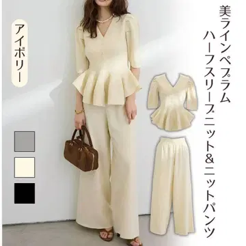 셋업 미라인 페플럼 하프 슬리브 니트 니트 팬츠 아이보리