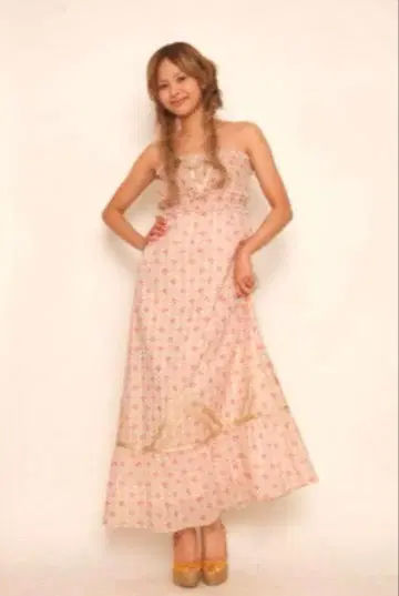 나나나데시코 일본풍 패턴 베어탑 롱 드레스 핑크