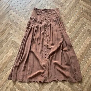 vintage 실크 브라운 플레어 롱 스커트 앞 버튼