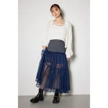 티어드 롱 스커트 블랙 시어 콤비 플레어 저스트 허리 스커트