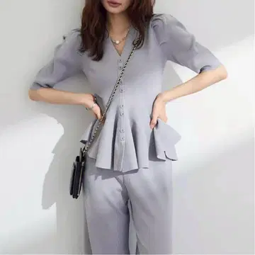 셋업 미라인 페플럼 하프 슬리브 니트 니트 팬츠 그레이