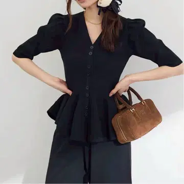 셋업 미라인 페플럼 하프 슬리브 니트 니트 팬츠 블랙