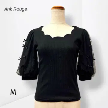 [앙크루즈] 리브 상의 시어 소매 리본 걸리시 귀여운 블랙 M