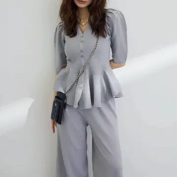 셋업 미라인 페플럼 하프 슬리브 니트 니트 팬츠 그레이