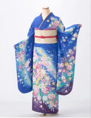 파란색 꽃무늬 후리소데 풀세트