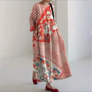 일본풍 패턴 꽃무늬 롱 원피스