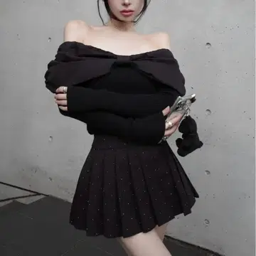 [ Darich ] 리본 니트 x 스터드 미니 스커트 셋업 블랙