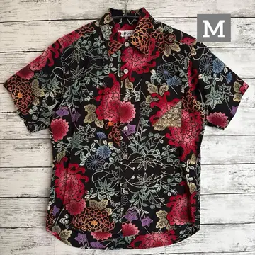 시마다 오비 셔츠 국화 달리아 패턴 꽃무늬 반팔 셔츠 M 사이즈 일본제