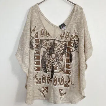 도트 5부 소매 판초 겉옷 페더 에스닉 M 천연색 레이온