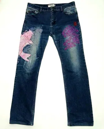 카라쿠리타마시 류오리 잉어 자수 일본풍 패턴 데님 청바지 L