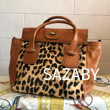 SAZABY 레오파드 무늬 송치 가죽 핸드백 브라운 레오파드 무늬