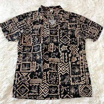 Palmwave 하와이안 셔츠 올 패턴 블랙 오픈 카라