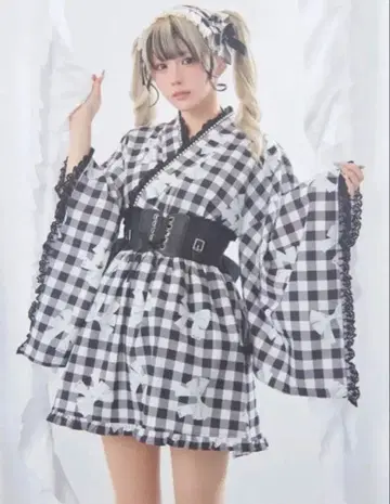 Ank Rouge 깅엄 리본 유카타 원피스 블랙