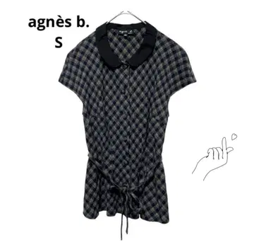 에네스베 상의 S 체크 카라 부착 일본제 반팔 허리 리본