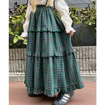[ WC ] 체크 티어드 롱 스커트 그린