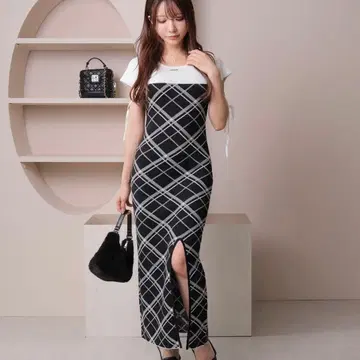 LIP SERVICE 체크 자카드 리본 니트 원피스