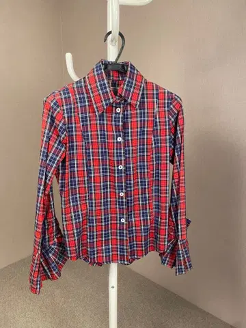 빨간색 체크 무늬 긴팔 셔츠 프릴 소매 플레어 소매