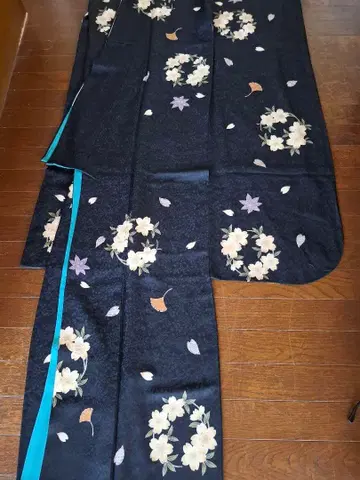 순수 실크 후리소데 지문 벚꽃 블랙