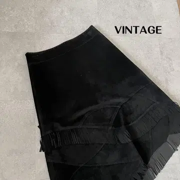 VINTAGE 리얼 가죽 스웨이드 비대칭 프린지 스커트 미디 기장