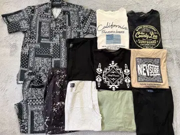 남성용 여름옷 묶음 판매 반다나 패턴 셔츠와 팬츠 세트 11점