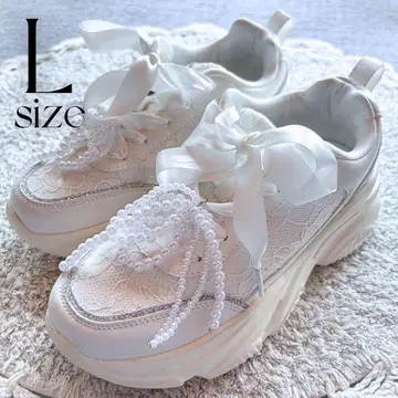 레이스 리본 통굽 스니커즈 화이트 L 펄 양산형 한국 Y2K