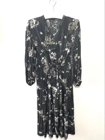 Plage 플라주 롱 원피스 맥시 길이 꽃무늬 리본 블랙 긴팔