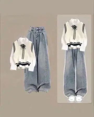 화이트 V넥 니트 & 셔츠와 그레이 데님 셋업 L 사이즈